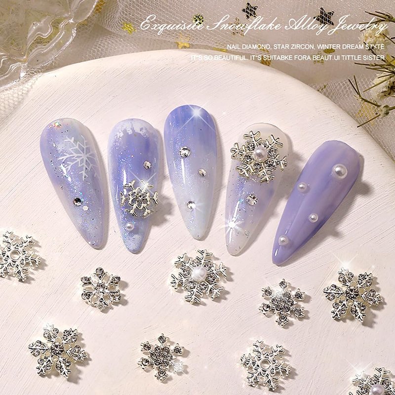 Christmas Nail Charms - 20pcs Silver Snowflake Nail Art with Diamond Design | Winter Nail Jewelry for DIY Manicure