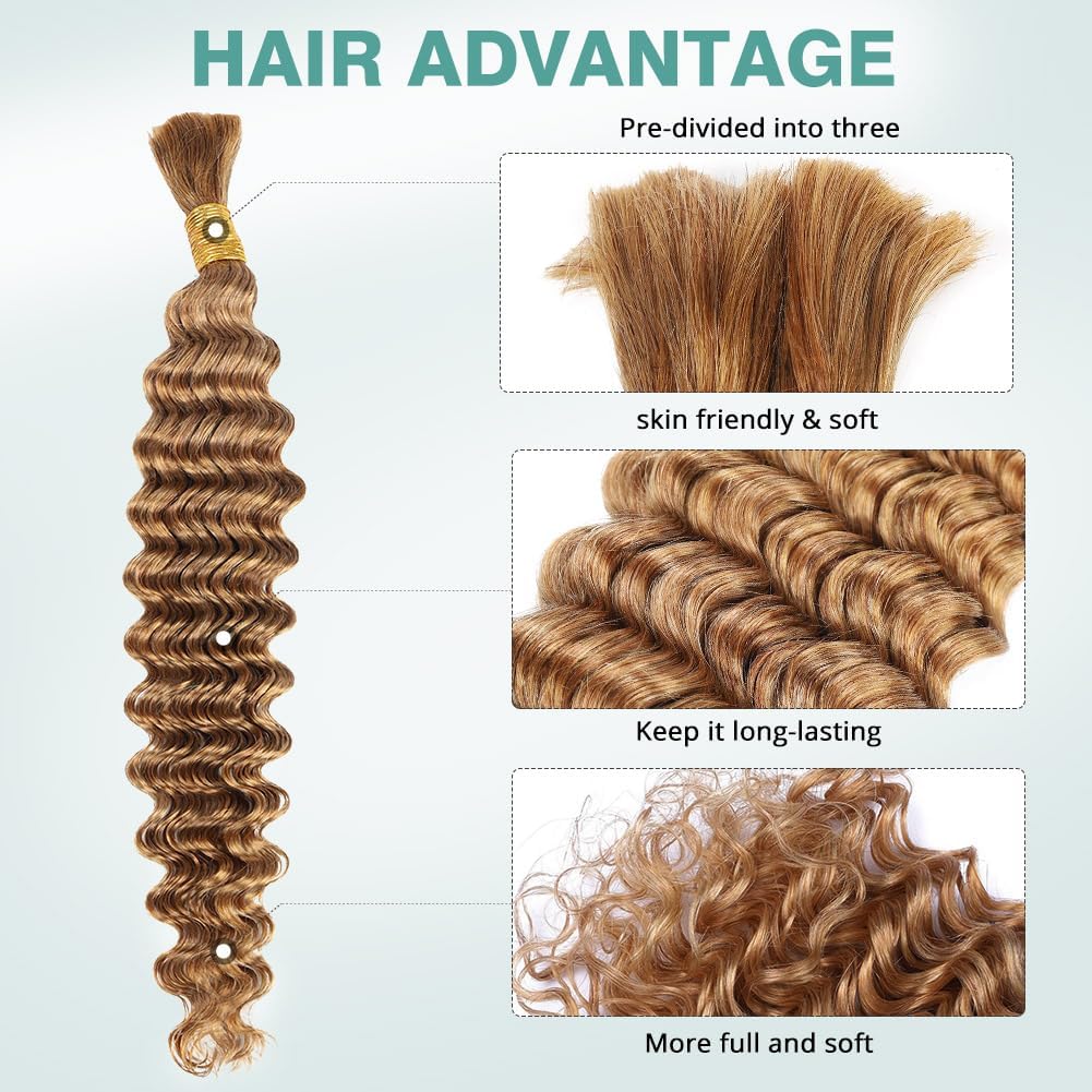 Deep Wave Bulk Human Braiding Hair 50g 22 Inch Honey Blonde Human Braiding Hair for Boho Braids 1 Bundle/Pack No Weft Color 27# 100% Brazilian Human Braiding Hair Extensions for Micro Braiding
