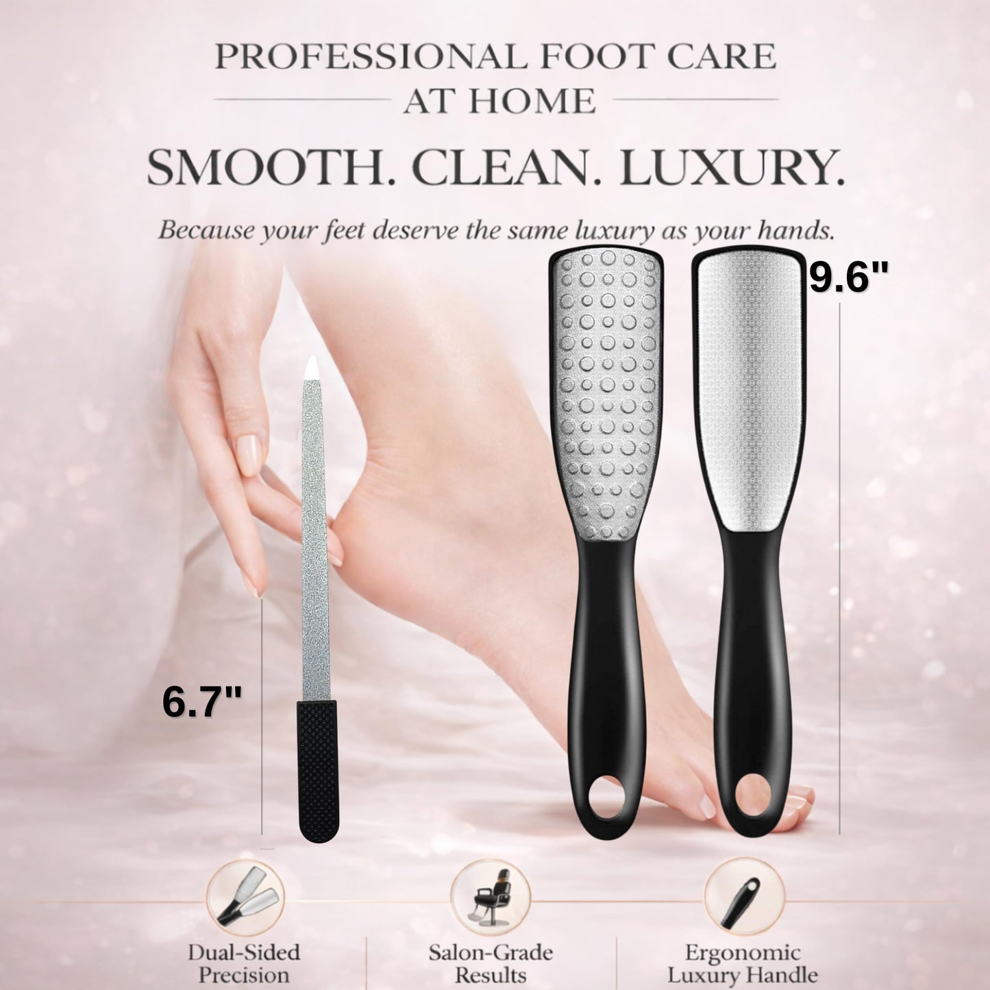 Professional Foot File & Callus Remover 2-in-1 Set –9.6" Foot Rasp with 6.7" Nail File Included–Elegant Sapphire Black–Dual-Sided, Durable & Hygienic Pedicure Tool for Smooth, Soft Feet–Wet & Dry Use