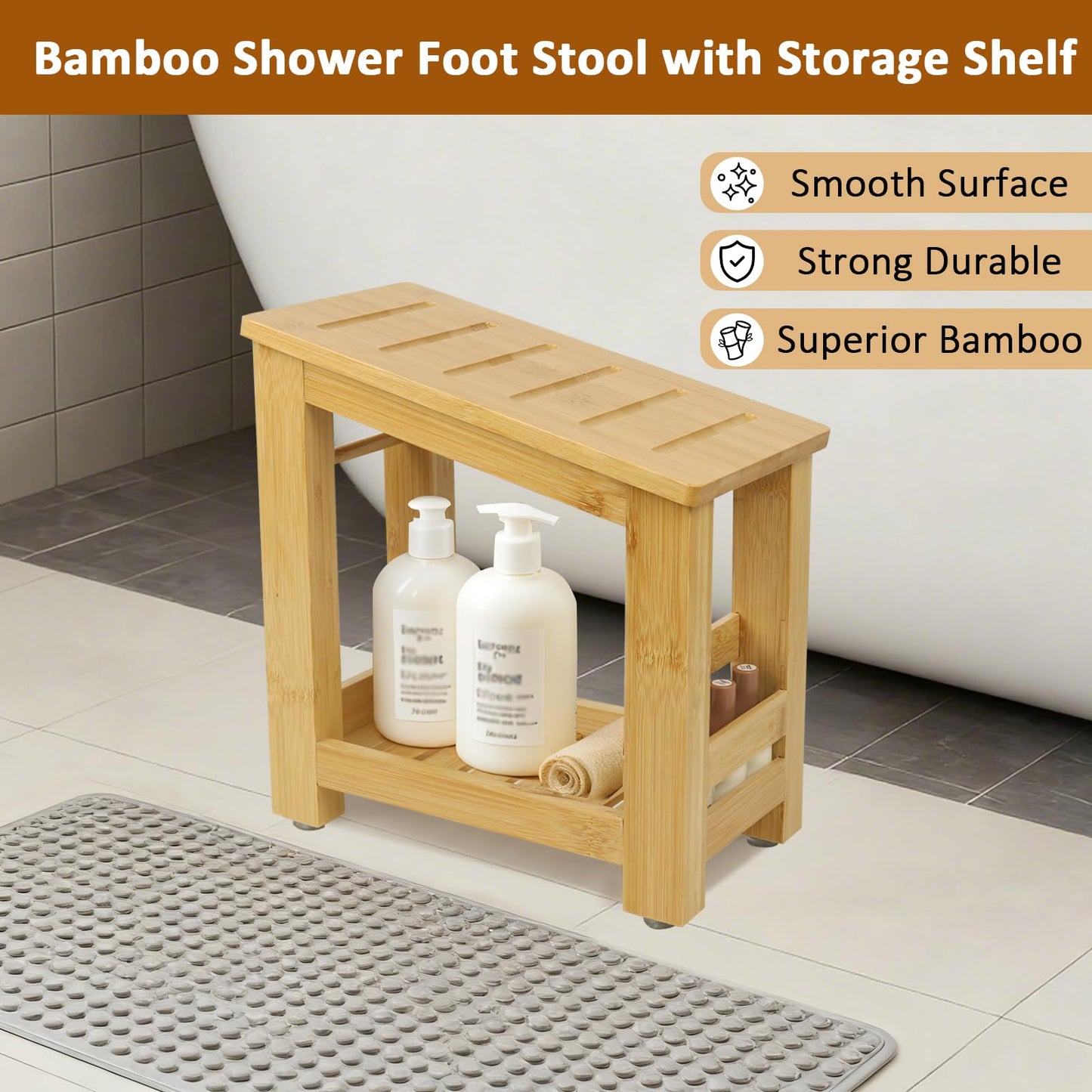 Forest Manor Bamboo Shower Foot Rest Stool for Shaving Legs & Pedicure, Non-Slip Bathroom Foot Step with Storage Pocket, Solid & Water-Resistant,Natural