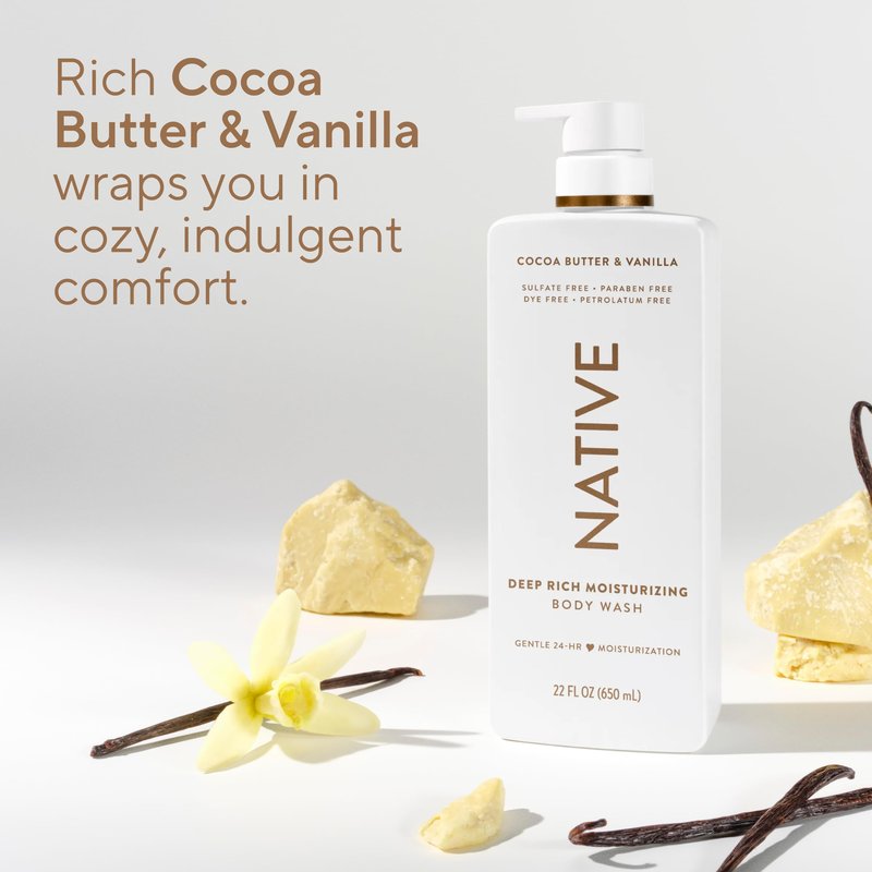 Native Cocoa Butter & Vanilla Scent 24-Hour Moisturizing Bodywash for Women & Men, Clean & Gentle, for Dry or Sensitive Skin, Keeps Skin Healthy & Smooth, Free of Sulfates, Cruelty-Free, 18 oz