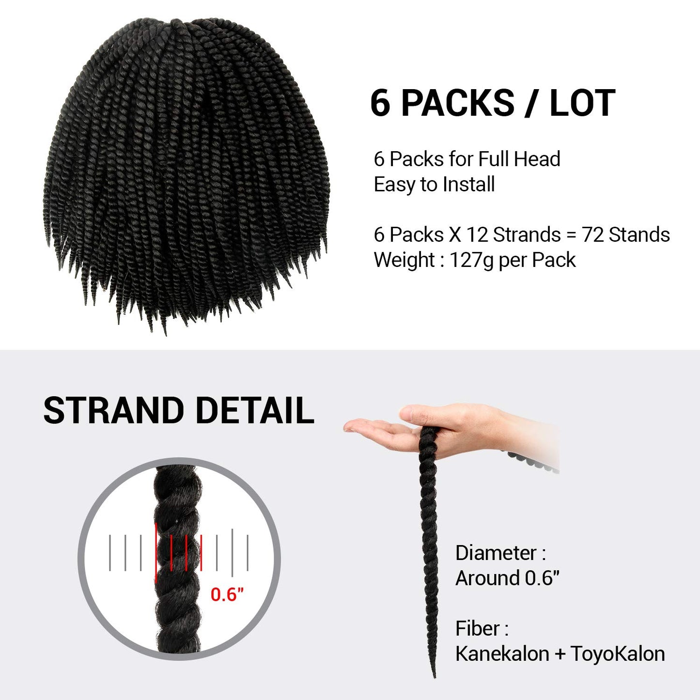 AU-THEN-TIC Jumbo Senegalese Twist Crochet Hair, 24 Inch, 6 Pack, Synthetic Extensions for Havana and Mambo Twist Styles, (1B, Off Black)