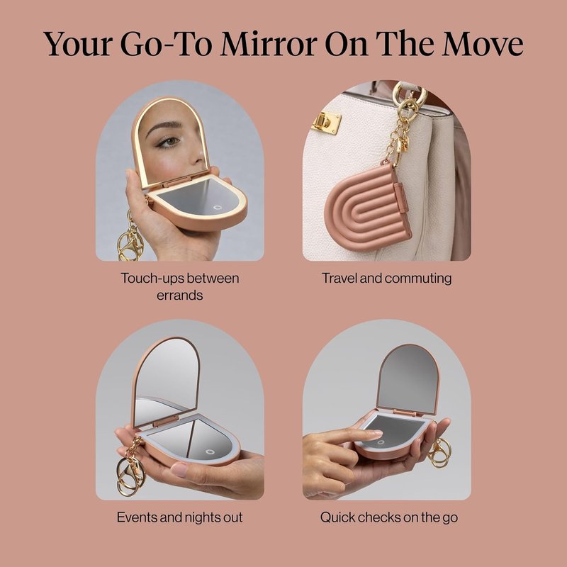 Compact Mirror Keychain - Lighted Travel Makeup Mirror with Dual Magnification | USB-Rechargeable, Terracotta