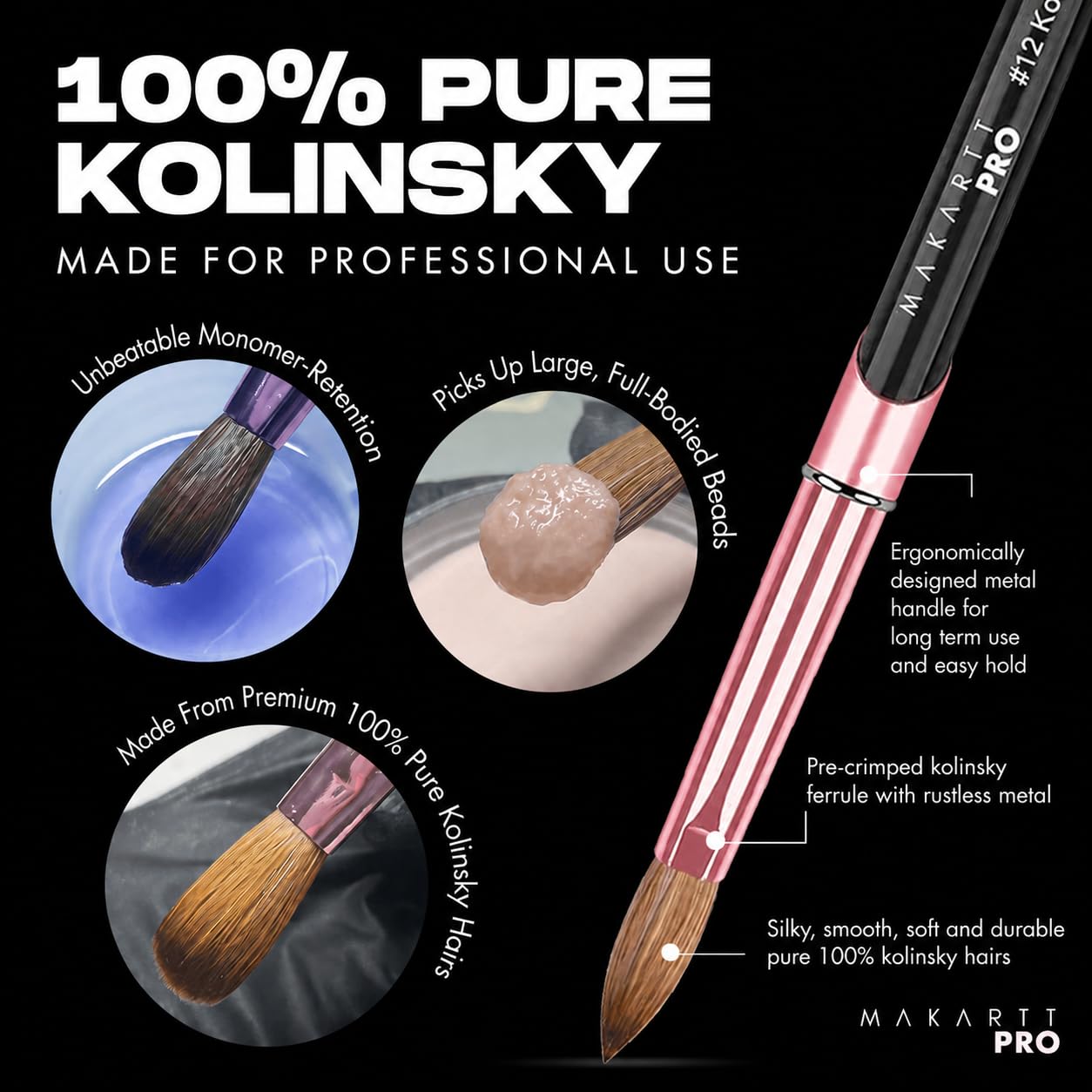 MakarttPro Kolinsky Acrylic Nail Brush Size 12 – 100% Pure Kolinsky Hair for Acrylic Application, Bigger Bead Control, Anti-Clogging, Acetone Resistant Handle
