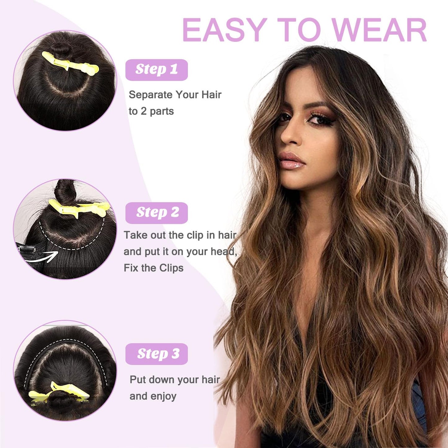 Human Hair Clip-In Extensions - Ombre Chocolate Brown to Caramel Blonde | 14" 70G V-Shape Balayage with 5 Secure Clips