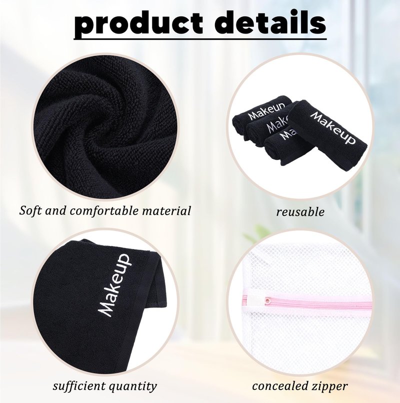 POTPTPT 12Pack Makeup Remover Towels Cotton Cosmetic 13x13 Inch Facial Cleansing Makeup Towels Soft Washcloths with Mesh Bag for All Skin Types Care Black