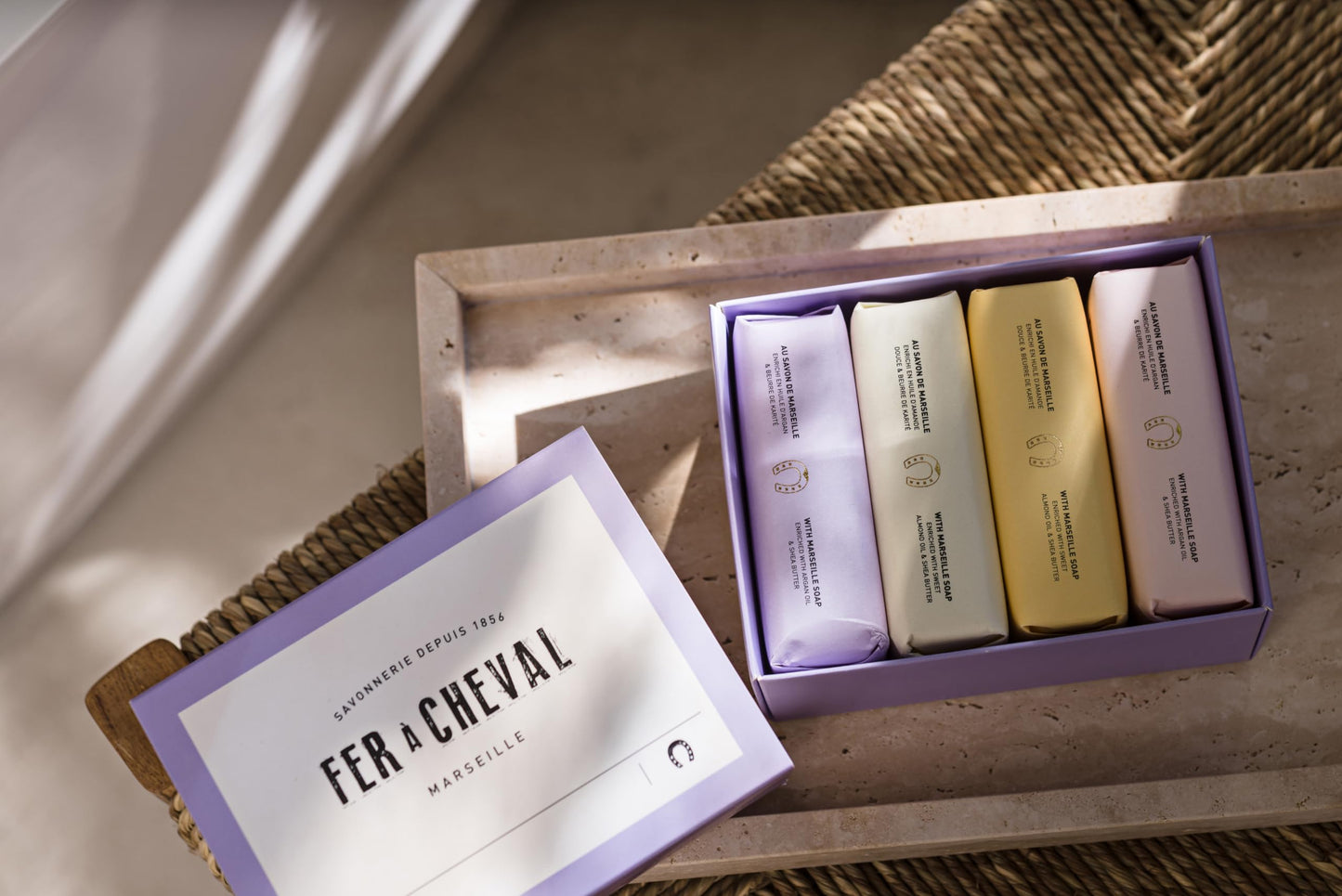 Fer à Cheval Gentle Perfumed Soaps Gift Set, 4x125g/4.41oz - Marseille Vegetable Soap with Shea Butter and Softening Oils