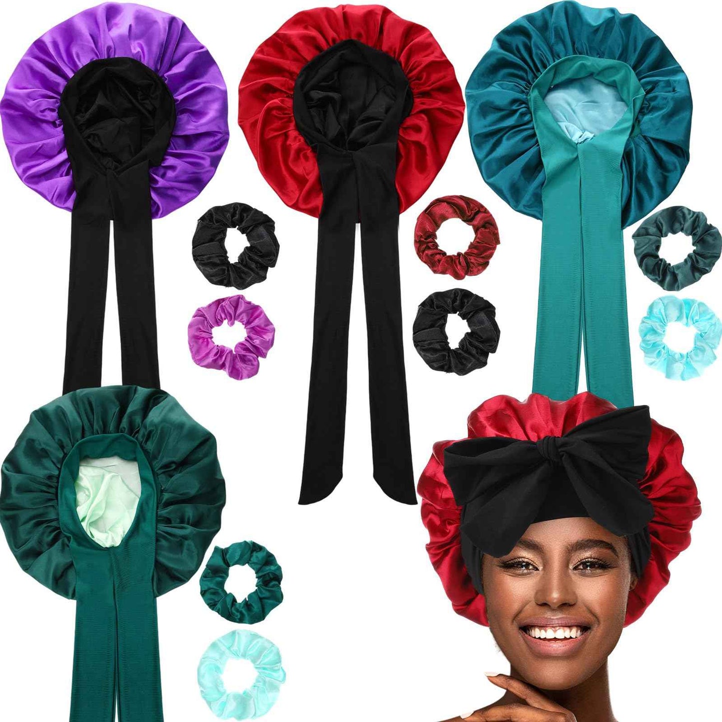 JaGely 4 Pcs Satin Bonnet for Women Tie Hair Bonnet for Sleeping Large 2 Layered Silk Cap With 8 Pcs Hair Scrunchies Double Layer Satin Bonnets (Dark Color)