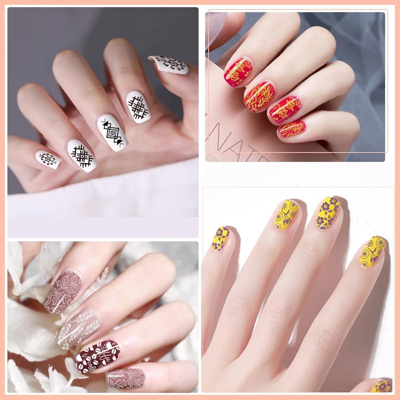 SEISSO Nail Stamping Polish Kit - 8 Colors, 4 Templates & Peel Off Tape for DIY Flower Art Design