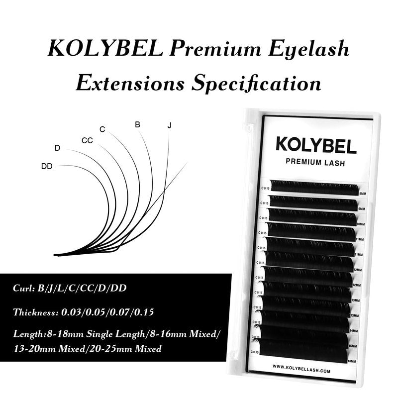KOLYBEL Classic Lash Extensions | Premium Silk Eyelash Extensions 0.05 C/D/DD J/B/L Curl 13-20mm Mixed Trays