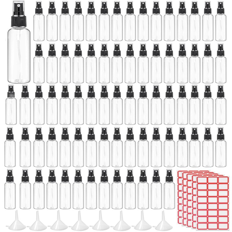 TANEMUDO 120 Pcs 2 oz Plastic Spray Bottles with Black Cap for Mini Spray Bottles, Clear Empty Fine Mist Liquid Container Refillable Sprayer for Essential Oils, Perfumes, Travel, Makeup