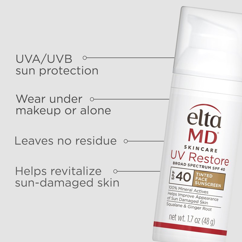 EltaMD UV Restore, Mineral Sunscreen for Sun Damaged Skin Repair, SPF 40, Anti-Aging Zinc Oxide Formula, Tinted, 1.7oz 2PK