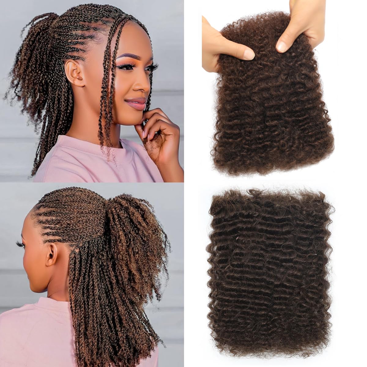 Afro Kinkys Bulk Human Hair 100g 10 Inch Chocolate Brown Afro Kinky Curly Human Hair Bulk for Dreadlock Extensions, Micro Locs, Braiding Twists, Braids and Repair Locs 4#
