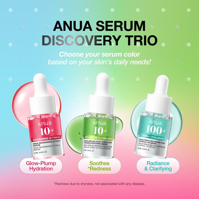 Anua Serum Discovery Trio, Hyaluronic Acid, PDRN, Azelaic Acid & TXA Niacinamide Face Serum Kit, Mini Travel Essentials for Soothing & Glass Glow Hydration, Korean SkinCare Gift Set, 0.33 fl.oz x 3 ea