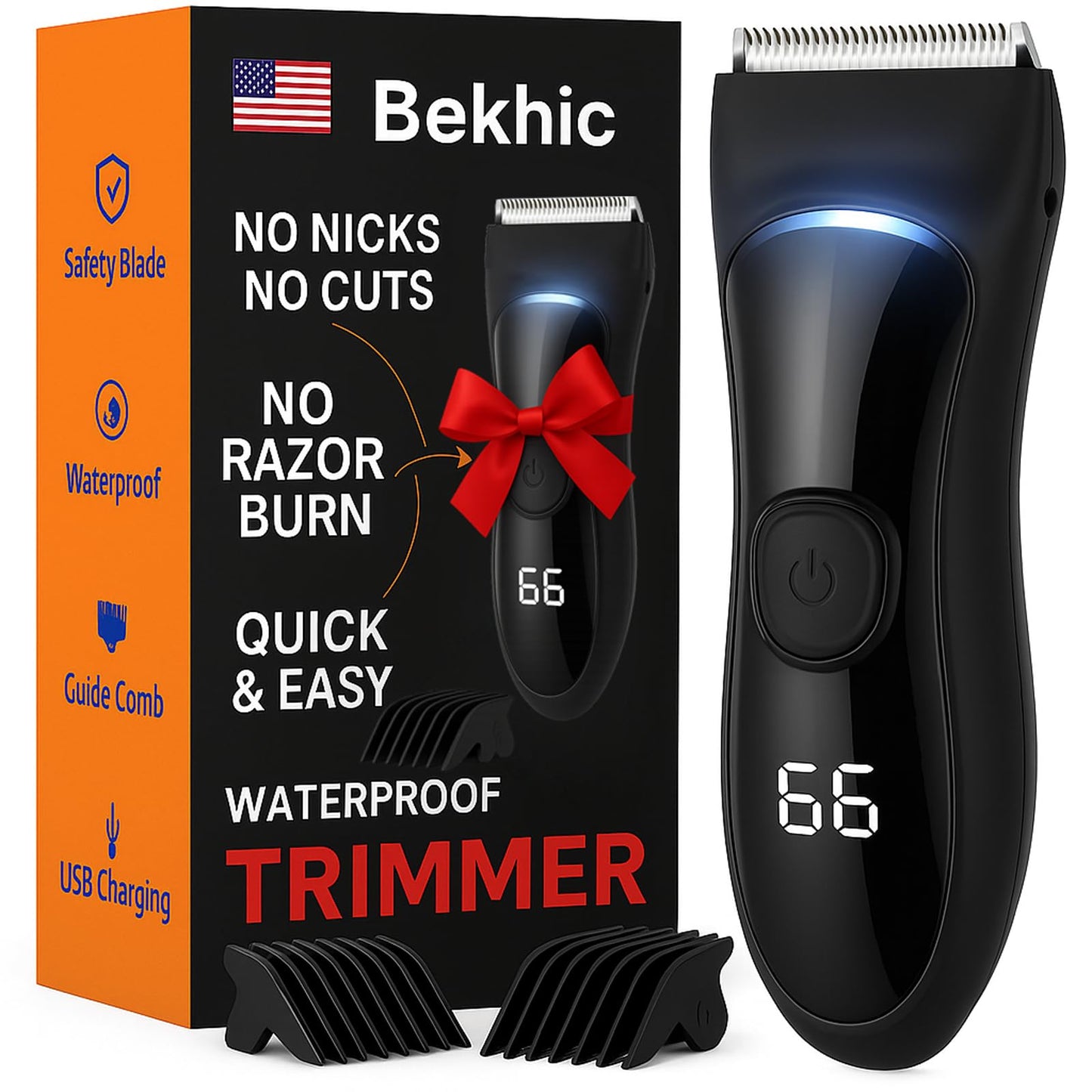 Bekhic Manscape Groin & Body Hair Trimmer for Men – Waterproof Pubic Hair Shaver & Ball Groomer with LED Light – No-Nick Ceramic Blade, 90-Min Runtime, Cordless Wet/Dry Clipper for Sensitive Skin
