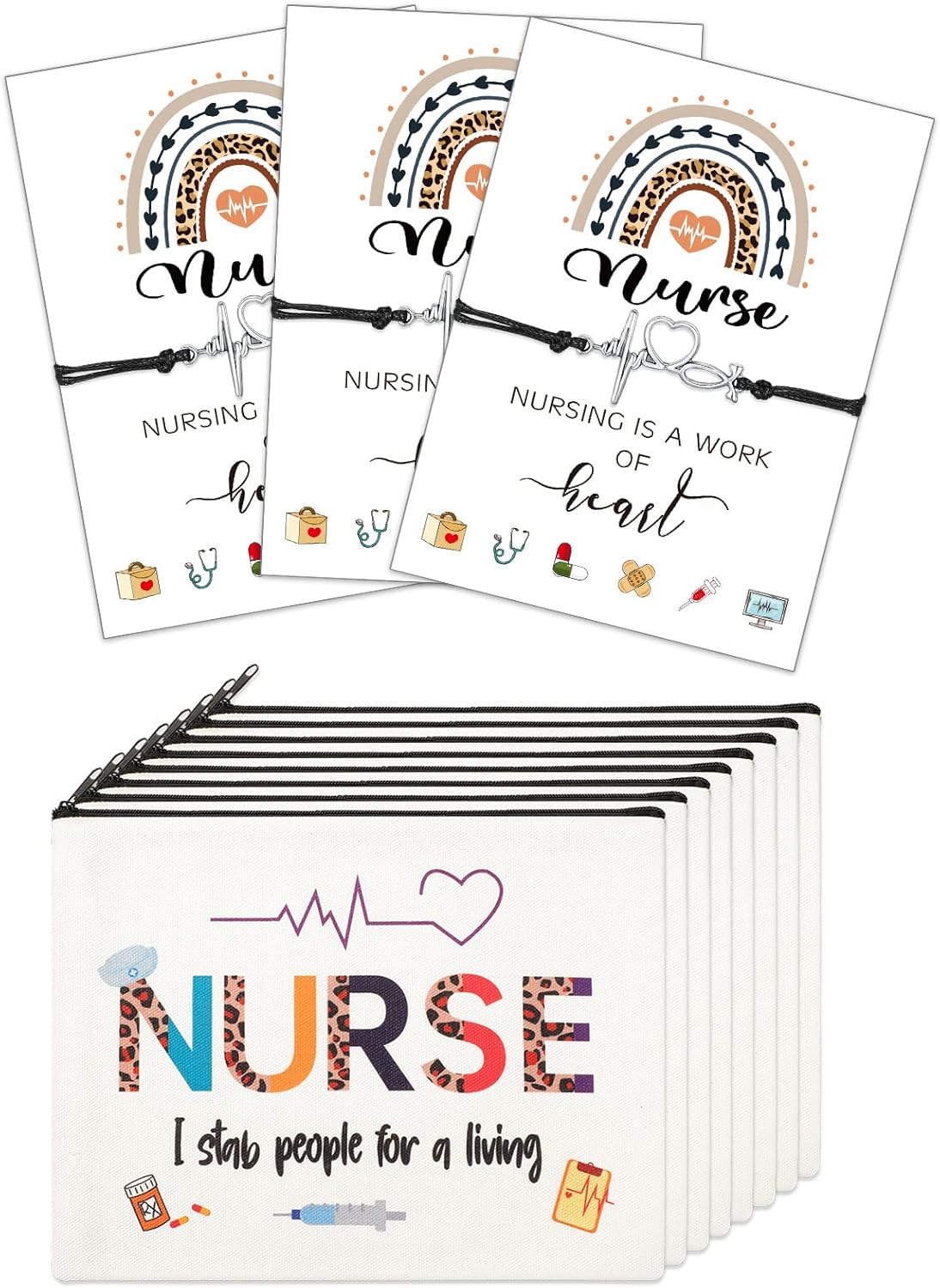 Nurse Appreciation Gift Set - 32 Pcs Canvas Makeup Bags & Blessing Card Bracelets | Perfect for Nurse Week & Christmas