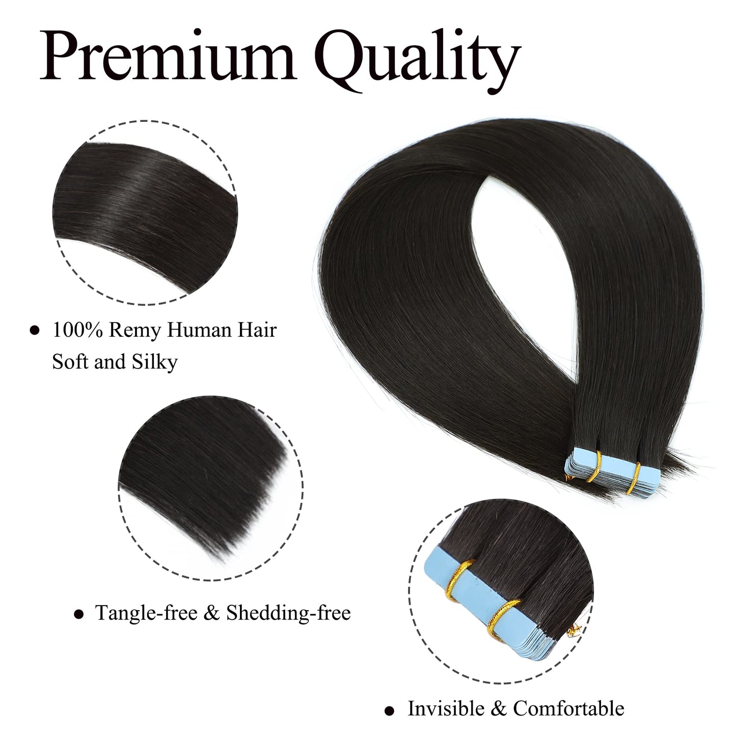 JESSBO Tape in Hair Extensions Human Hair Straight Natural Black 100% Remy Human Hair 18 inch 20pcs 50g/pack Seamless Skin Weft Tape in Extensions for Women (18 Inch #1B Natural Black)