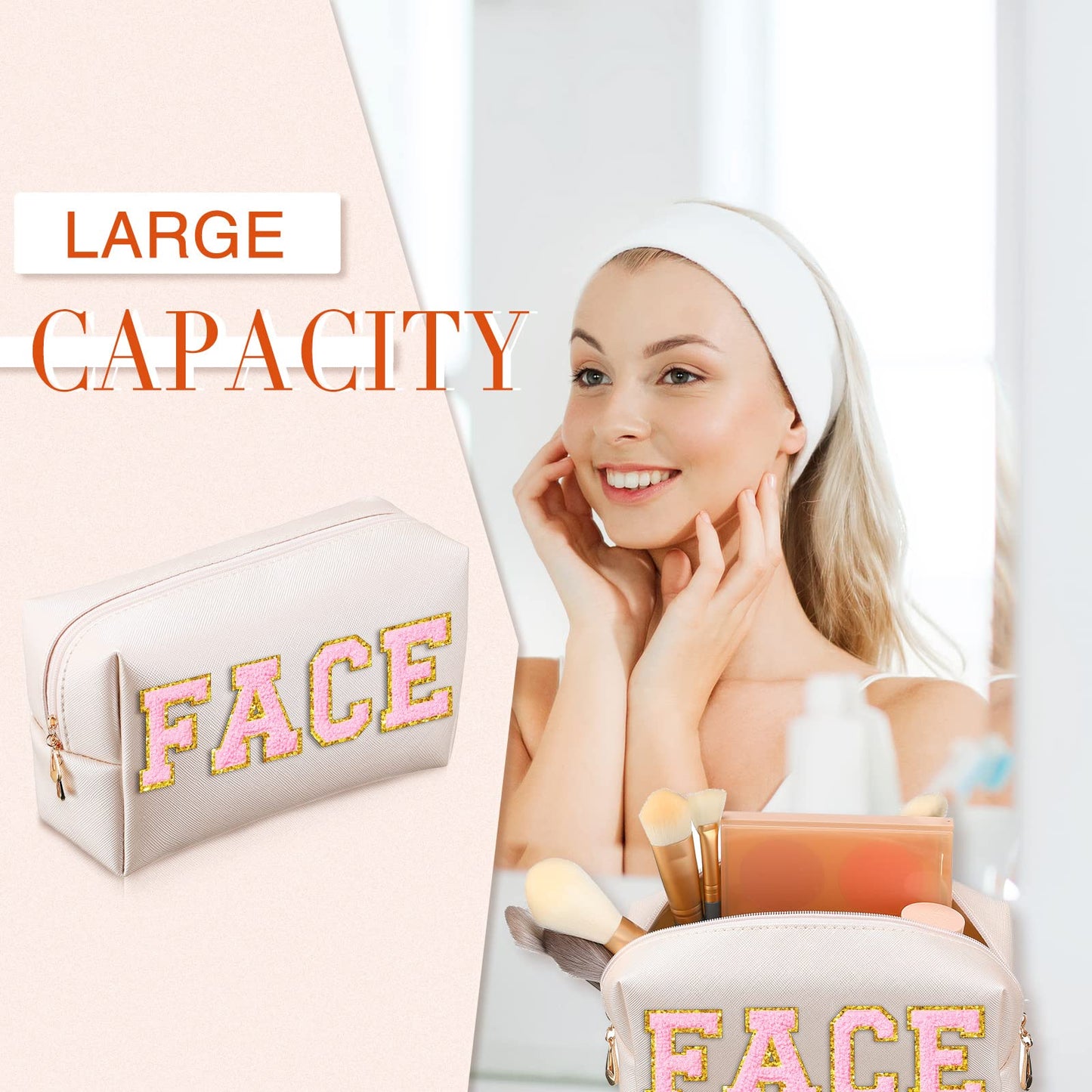 Sanwuta 9 Pcs Makeup Bags Bulk Bridesmaid Proposal Gifts Cosmetic Bags Preppy PU Leather Double Zipper Toiletry Pouch Portable Travel Organizer Case for Women Bachelorette Gift(Ivory White)