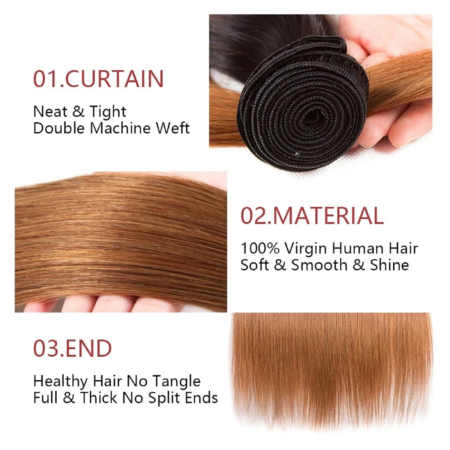 Light Brown Straight Bundles Human Hair T1B/30 Ombre Bundles Double Weft Brazilian Human Hair Sew-In Weave Extensions 10 12 14 Inch（Black Ombre Light Brown）