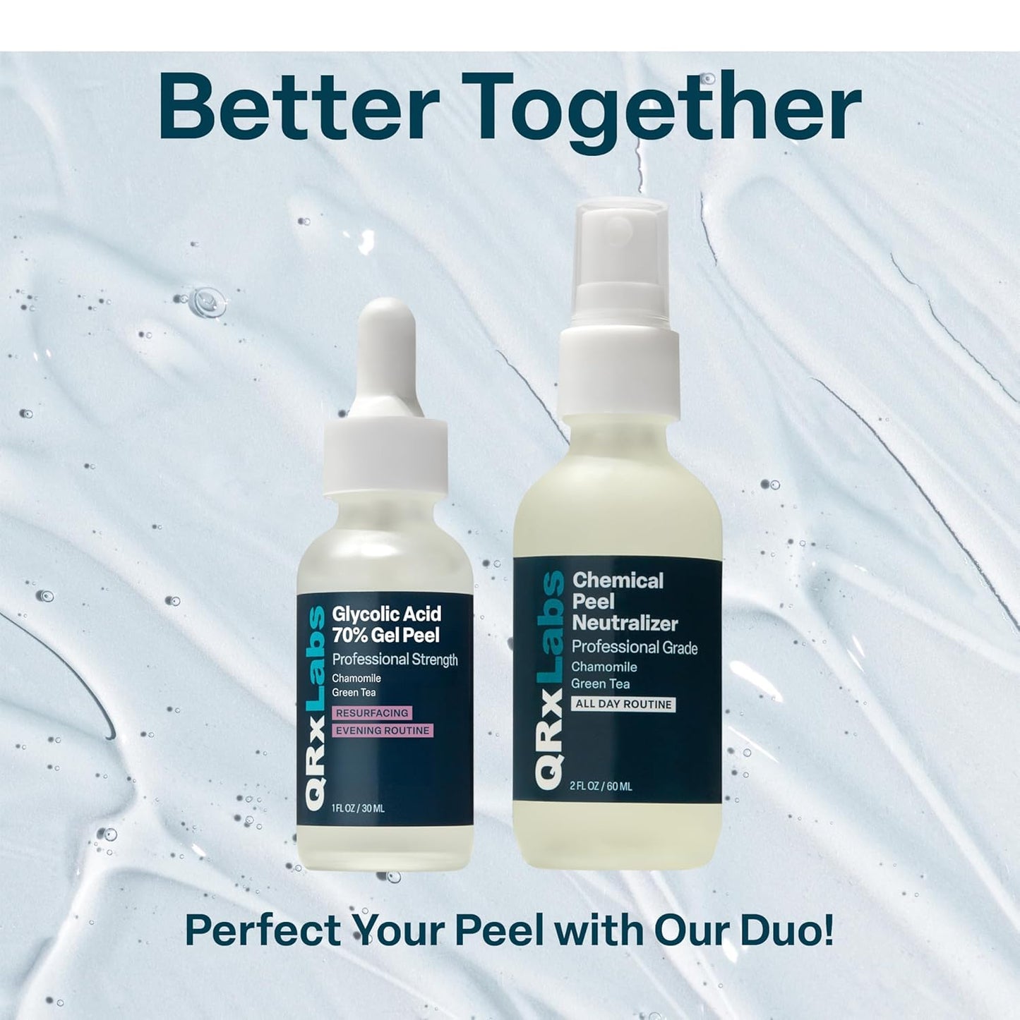 QRxLabs 70% Glycolic Acid Gel Peel & Neutralizer Set - Professional-grade skincare for acne, wrinkles, collagen boost - 1 fl oz & 2 fl oz bottles