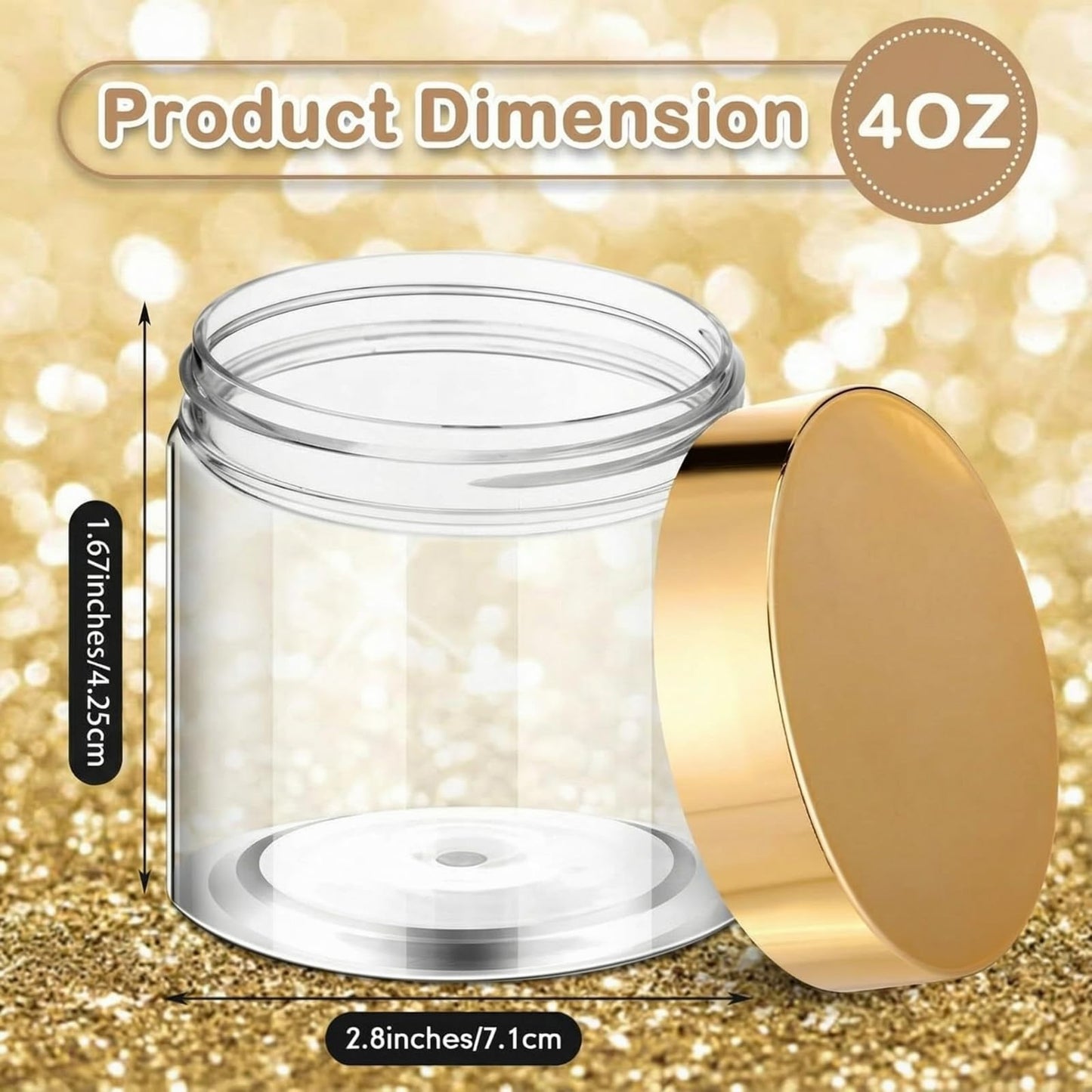 Patelai 48 Pack 4 oz Clear Plastic Jars with Gold Lids Empty Containers Round Clear Plastic Jars Wide-mouth Refillable Storage Organizers for Cosmetics Lotions Butters Slime Making and Food Storage