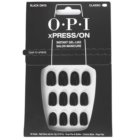 OPI xPRESS/ON Black Onyx | Dark Black Short Round Press On Nails | With Nail Glue | Long Lasting, Reusable, Non-damaging