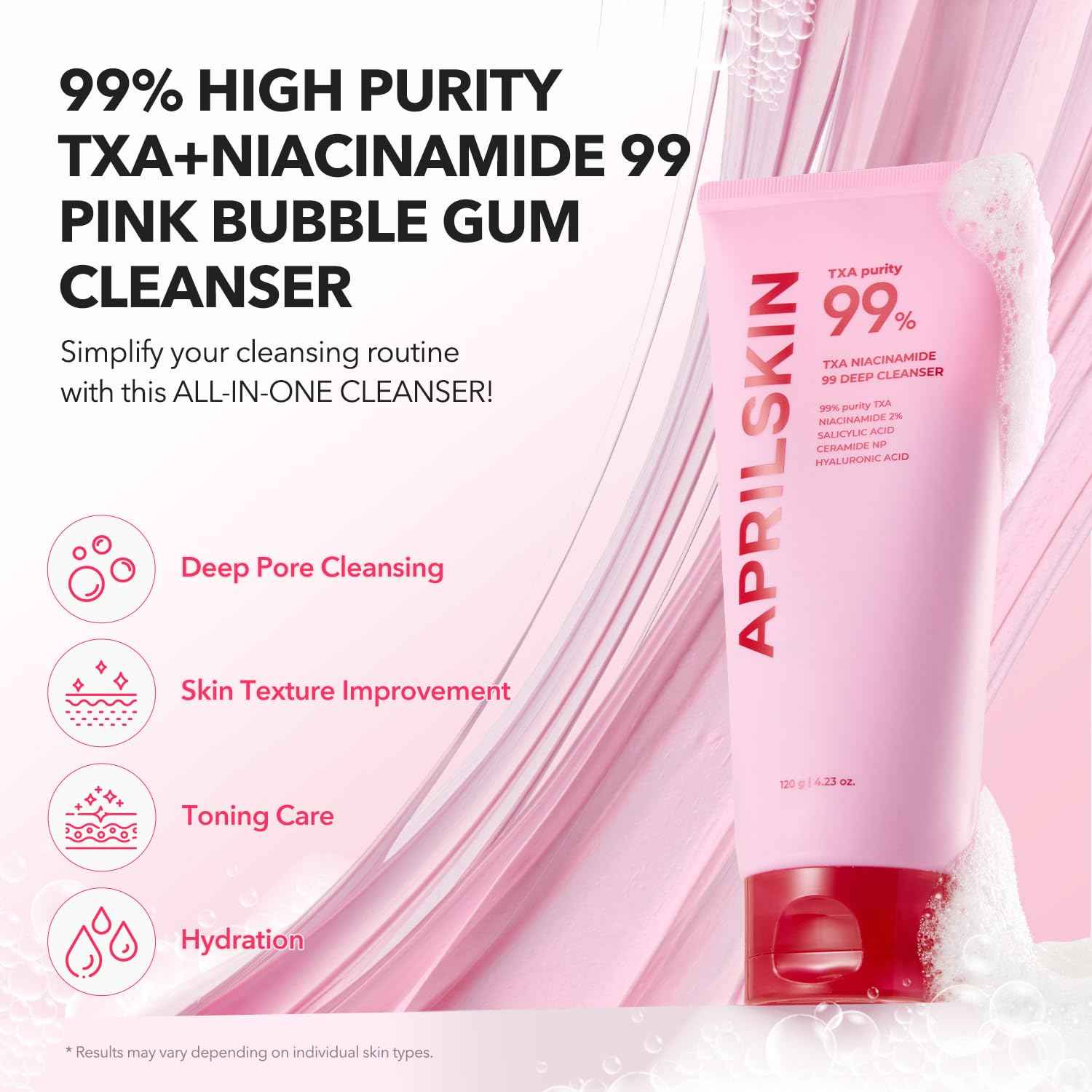 APRILSKIN TXA Bubble Gum Cleanser with Pore Brush: TXA Niacinamide 99 Pore Care Pink Bubble Gum Deep Cleanser(4.23 fl.oz.)+Pore Cleansing Facial Silicone Brush