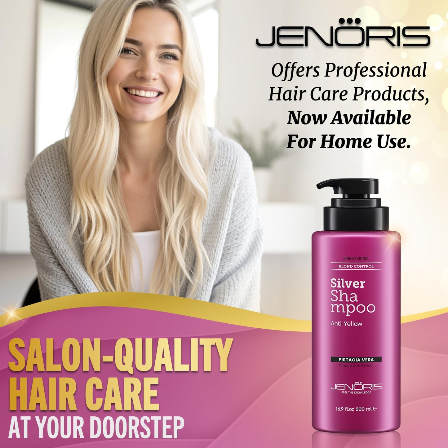 Jenoris Silver Purple Shampoo For Blonde, Silver, Gray & Lightened Hair – Neutralizes Yellow & Brassy Tones – Enriched with Natural Oils, Paraben & SLS Free, Salon Professional, 16.9 Fl Oz