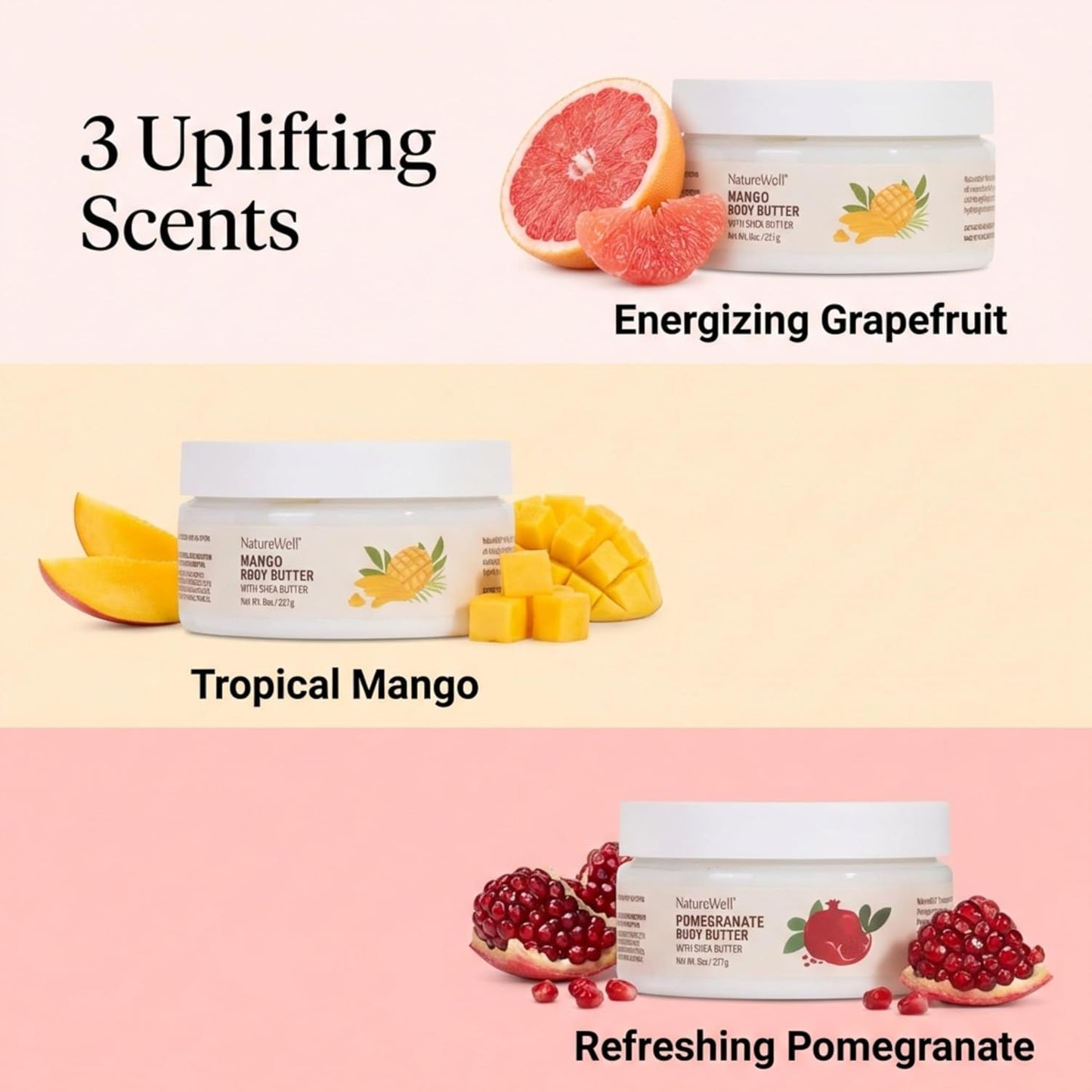 Shea Body Butter Variety Pack - Nourishing Grapefruit, Mango & Pomegranate | 3 x 8 Oz