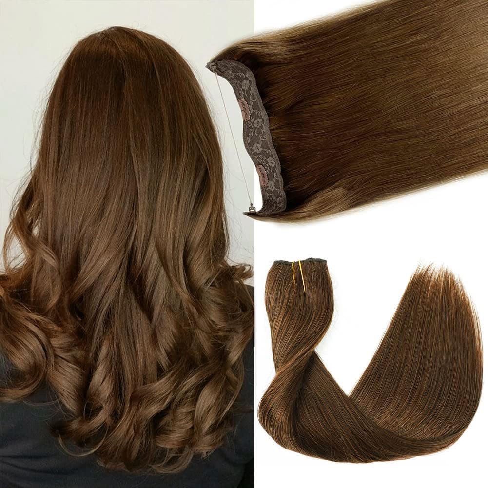 Real Human Hair Extensions - 12 Inch Chocolate Brown Straight Hair with Hidden Wire and Transparent Fish Line