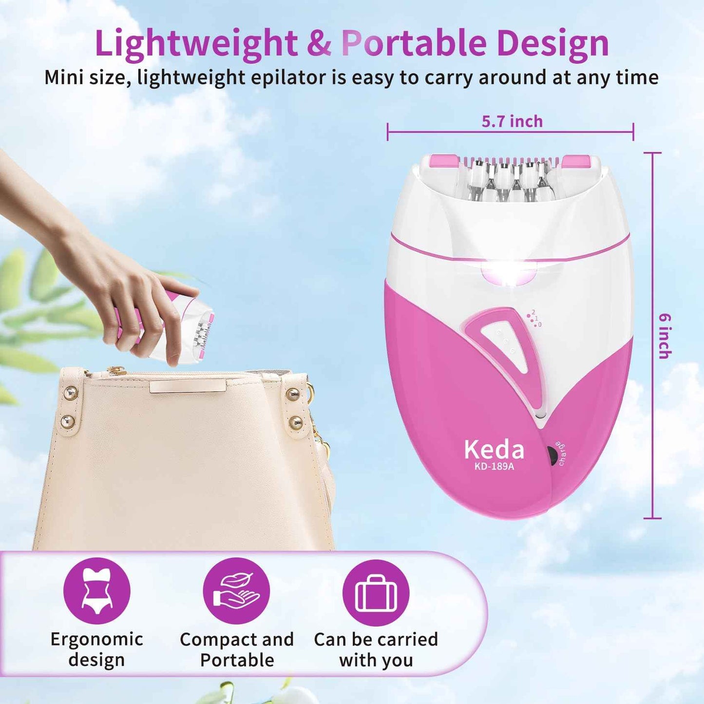 Epilator for Women, Smooth Glide Facial Hair Remover with 2 Speed & LED Light, Rechargeable Cordless Electric Epilator for Face, Bikini, Underarms, Arms, and Legs, Painless & Portable