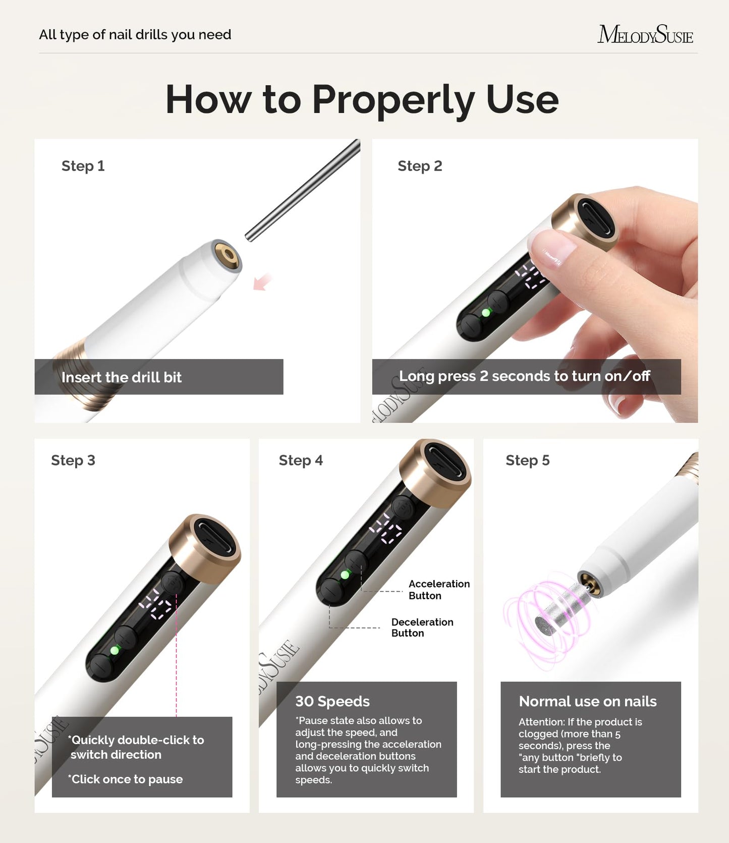 MelodySusie Pen-Shaped Ultra-Slim Cordless Nail Drill, PM170F 30000RPM Portable Rechargeable Electric File with LED Display for All Manicure, Nail Care, Shaping & Gel Removal for Advanced Home Use