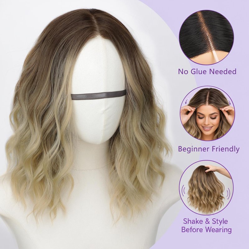 AISI HAIR 14 Inch Ombre Blonde Wigs for Women - Shoulder Length Wave Wig with Pre-Cut Lace Hairline, Middle Part Natural Wavy Bob Synthetic Heat Resistant Fiber for Daily and Party