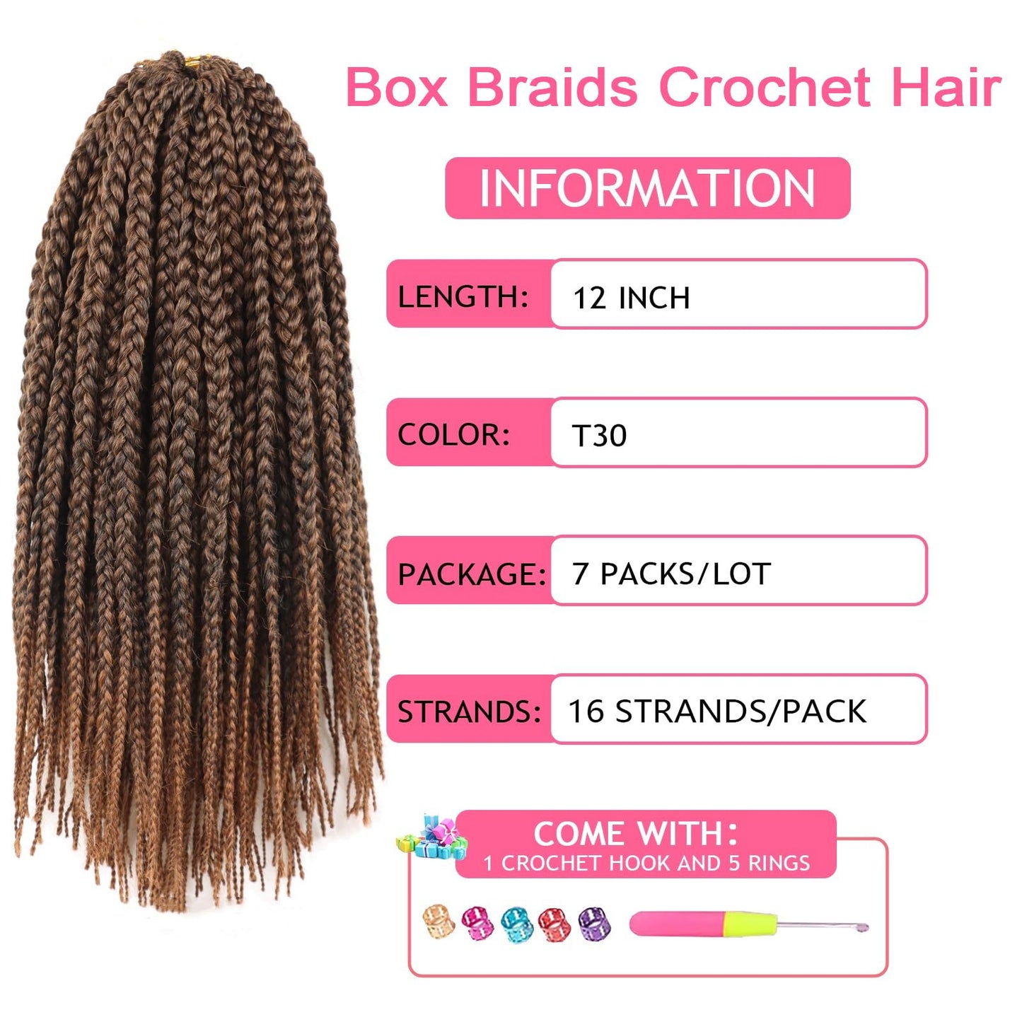 12 Inch Box Braids Crochet Hair Light Auburn Crochet Braids Pre Looped Goddess Box Braid Crochet Hair for Black Women (12 Inch,7 Packs,T30)