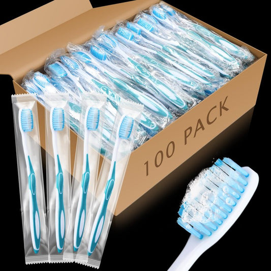 RimCereal 100 Pcs Prepasted Disposable Toothbrushes Individually Wrapped Pre Pasted Soft Bristle Tooth Brush Travel Toothbrush for Camping Guestroom Car Office School Hotel Homeless Gifts (Blue)