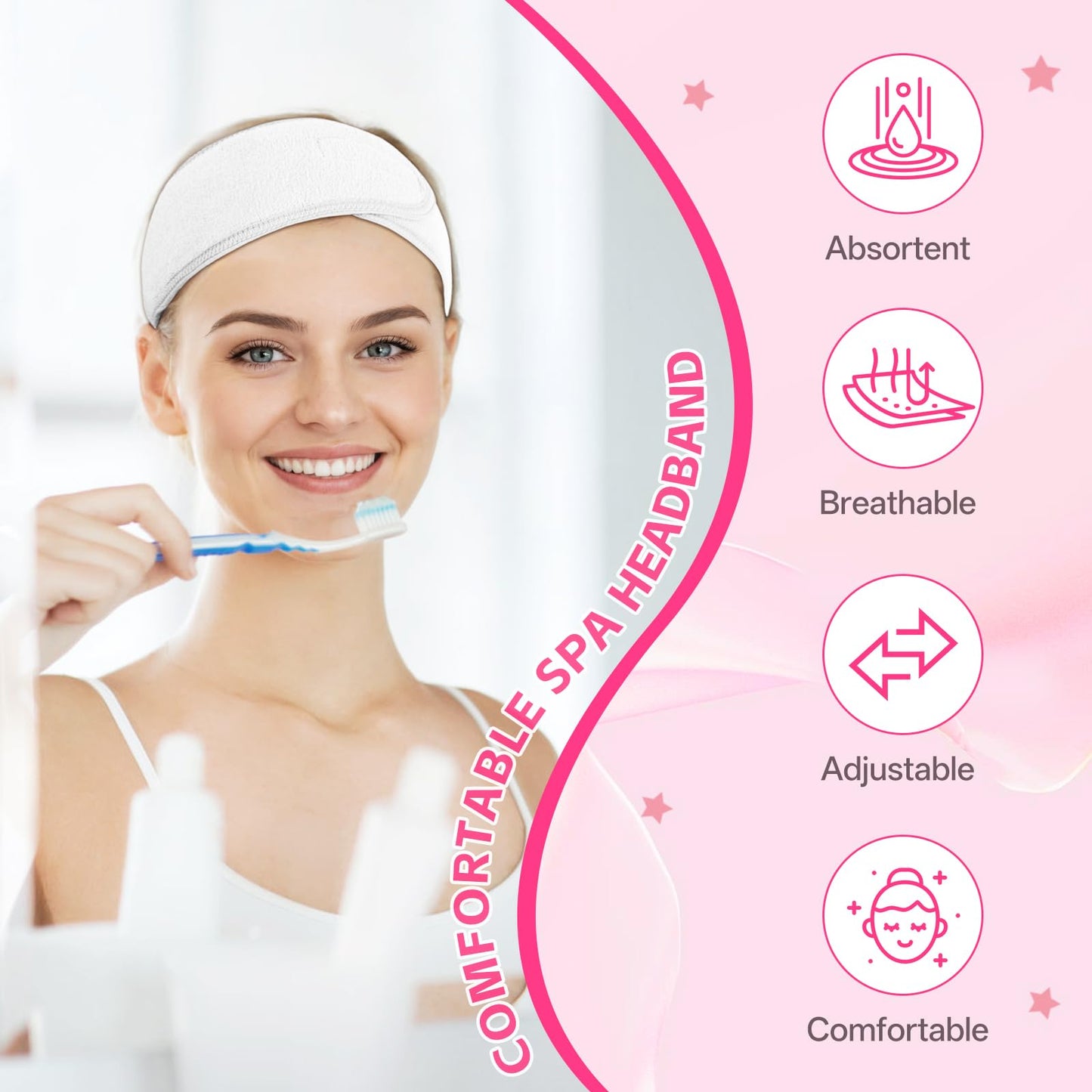 SHENGYIWA 30 Pack Adjustable Spa Headband for Women – Non-Slip Facial Hair Wrap for Washing Face, Makeup, Shower, Skincare, and Yoga White