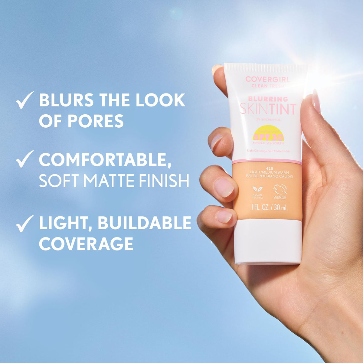 COVERGIRL Clean Fresh Blurring Skin Tint with SPF 30, 450 Rich Warm, Liquid Foundation, Soft Matte Finish, Smooths, Brightens, Blurs Pores, Mineral Sunscreen, Vegan Formula