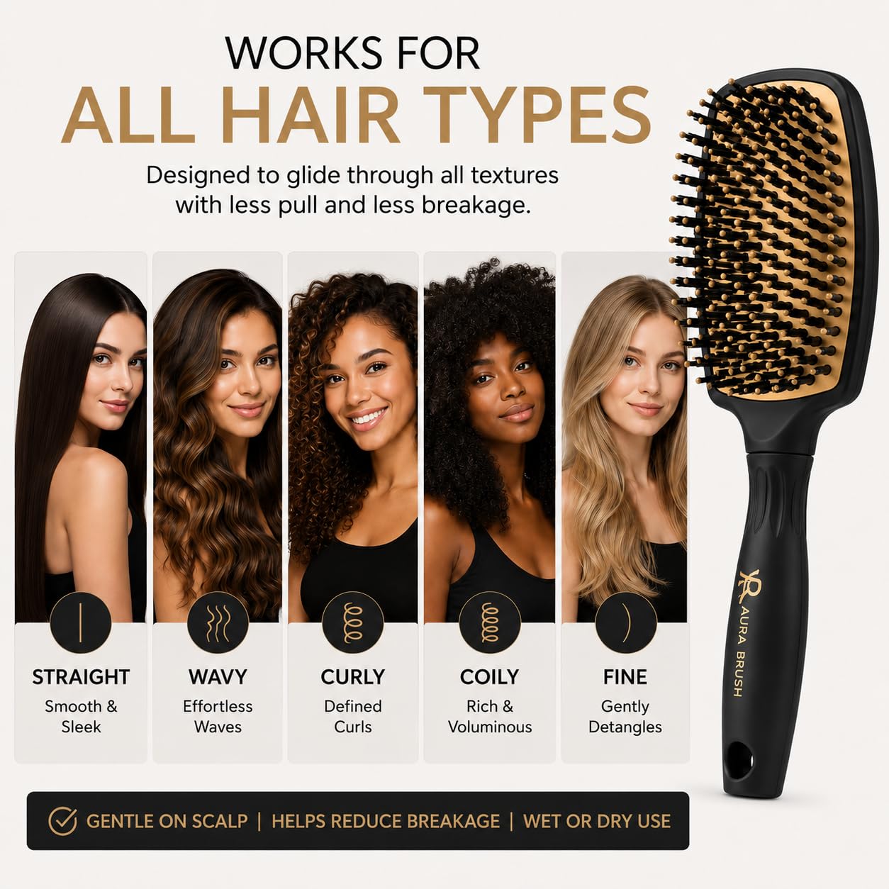 Aura Brush Professional Detangling Hair Brush for Wet & Dry Hair – Pain-Free Detangler for Thick, Curly, Straight & Wavy Hair – Ergonomic Paddle Brush