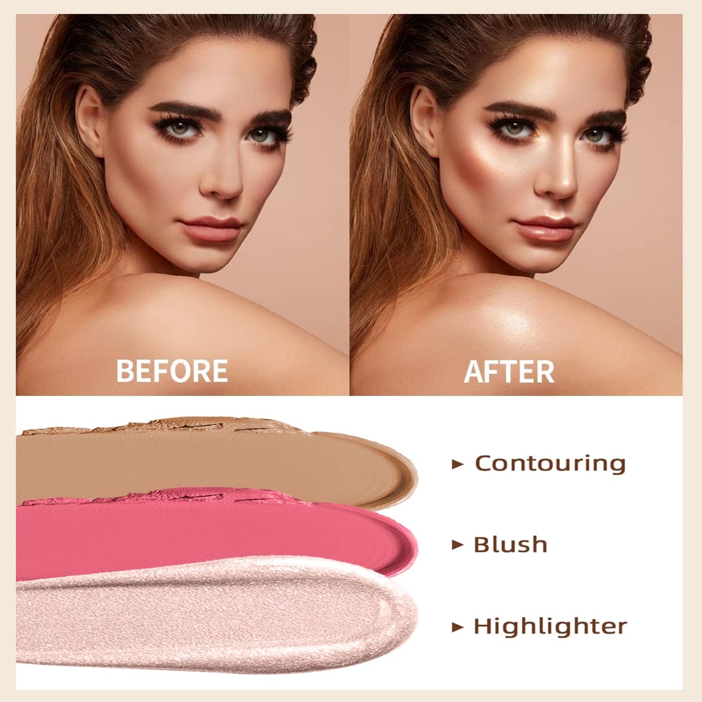 Hilareco PHOERA Foundation,3 PCS Contour Stick Makeup Kit,Shades with Highlighter Stick,Blush Stick and Bronzer Contour (104+Light-Medium Contour/Buff Beige+#02,#10,#12)
