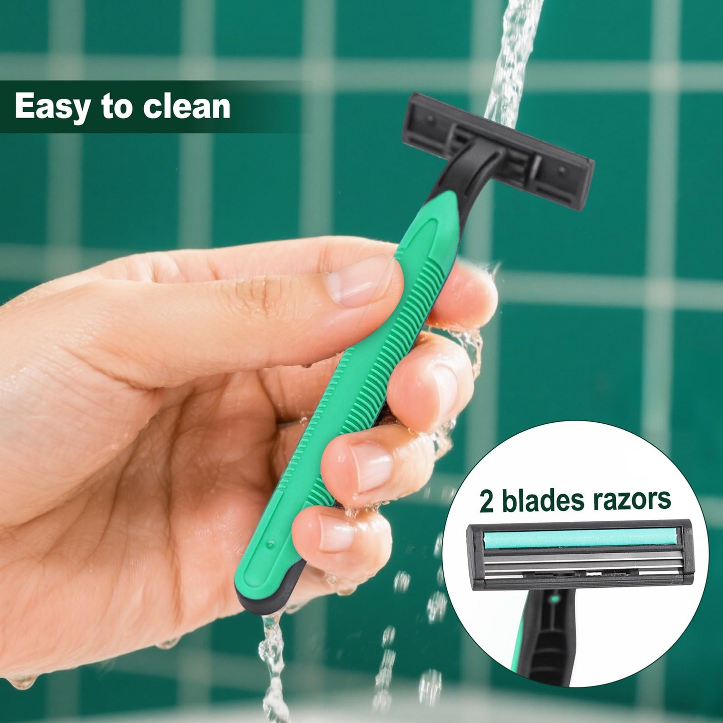Fafortune Disposable Twin Blade Razors in Bulk, Individually Wrapped - Clear Safety Cap, For Homeless, Hotel, Airbnb, Travel (pack of 100,green)