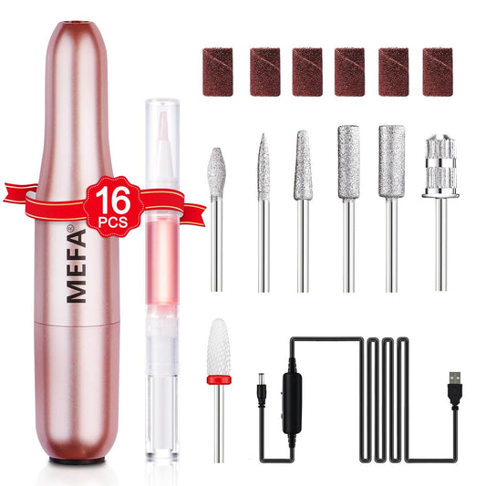 MEFA Nail Drill, 16 PCS Kit Electric Nail Drill with Nail Drill Bits & Cuticle Oil Pen, Portable Electric Nail File Professional, 20000RPM Manicure Pedicure Nail Set Efile Nail Drill for Home Salon