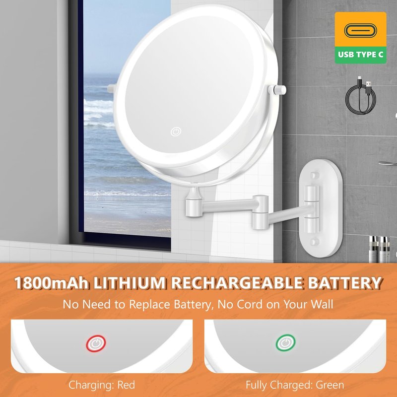 Auxmir 8'' Wall Mounted Lighted Makeup Mirror, 3200mAh Rechargeable Double-Sided 1X/20X Magnifying Mirror with Light, Touch Dimmable 3 Color Light, 360° Rotation Foldable Extended Arm, White