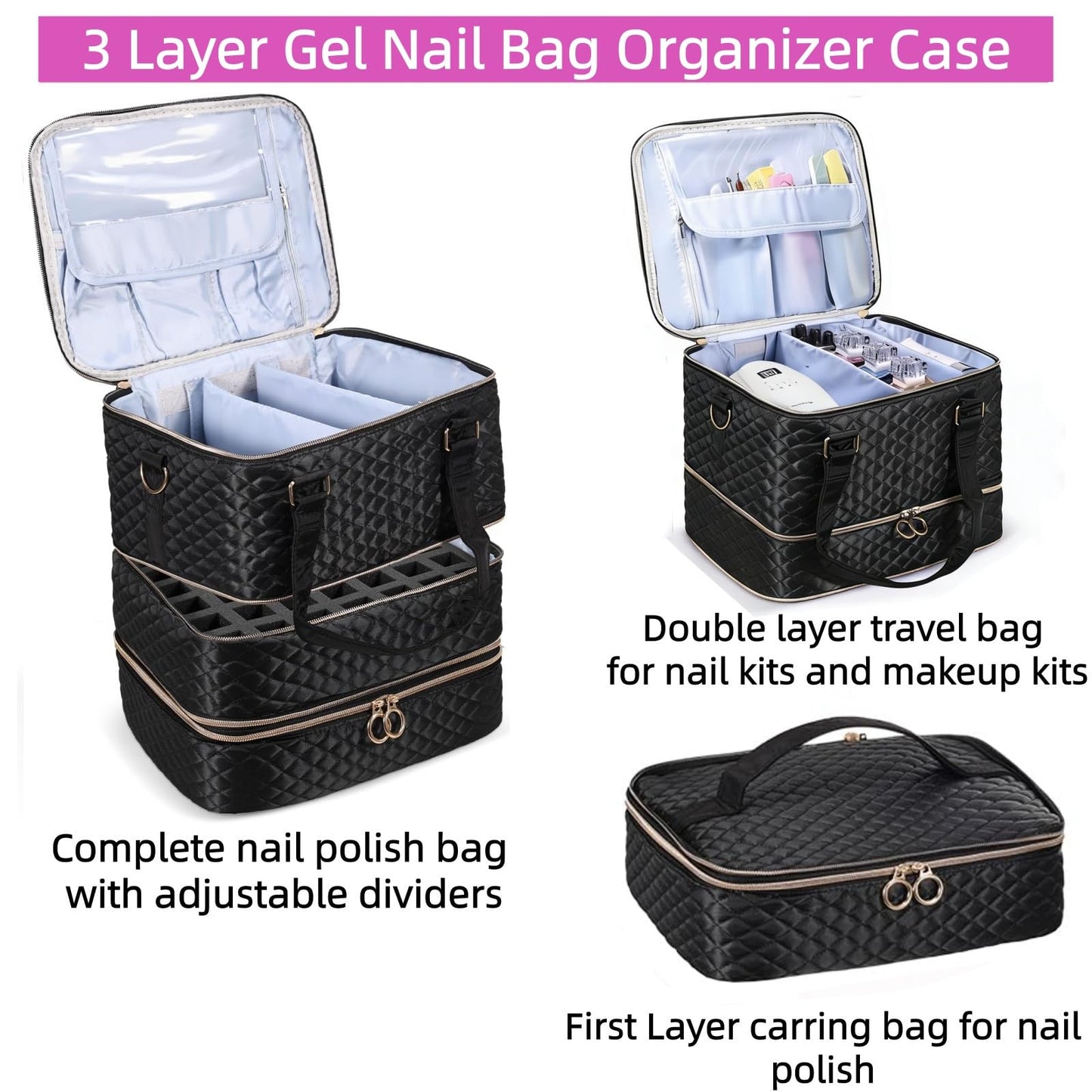 YUYAFN Nail Polish Organizer Case - Holds 84 Bottles Nail Polish & Nail Lamp Large Nail Polish Organizer Bag for Manicure Tools, Nail Polish Kit (Black)