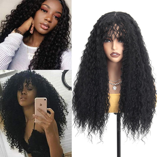 Curly Wigs for Black Women Black Long Curly Afro Wig with Bangs 24inch