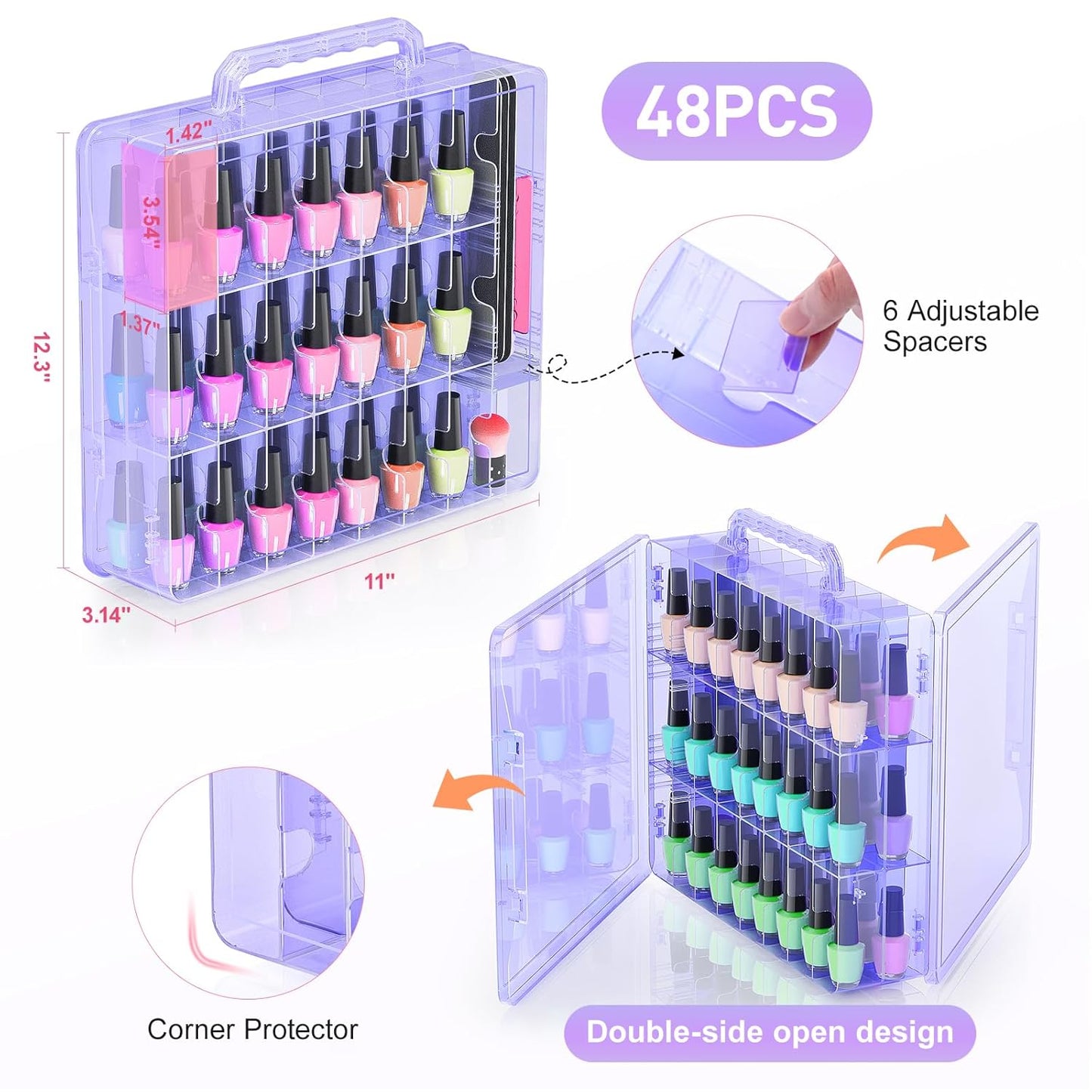 Nail Polish Organizer Case for 48 Bottles - Adjustable Divider, Double-Sided Storage | Purple