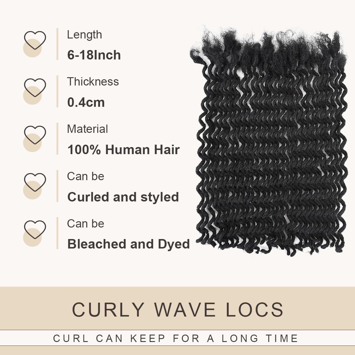 DAIXI Curly Wave Loc Extensions Human Hair, 100% Real Human Hair Dreadlock Extensions for Man/Women Handmade Permanent Dread Extensions Can Be Dyed Bleached Twisted (0.4cm, 1B, 6 Inch 20 Strands)