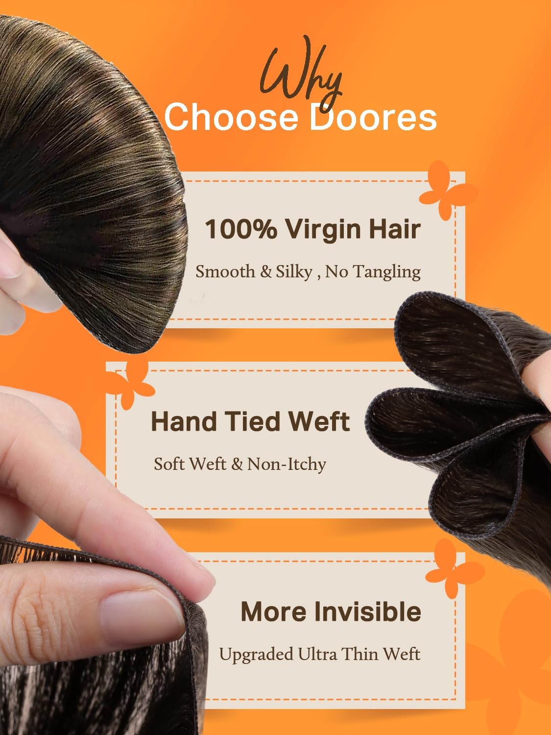DOORES Sew in Hair Extensions Natural Straight, 18 Inch Balayage Dark Brown to Chestnut Brown 50g, Weft Hair Extensions Human Hair Virgin