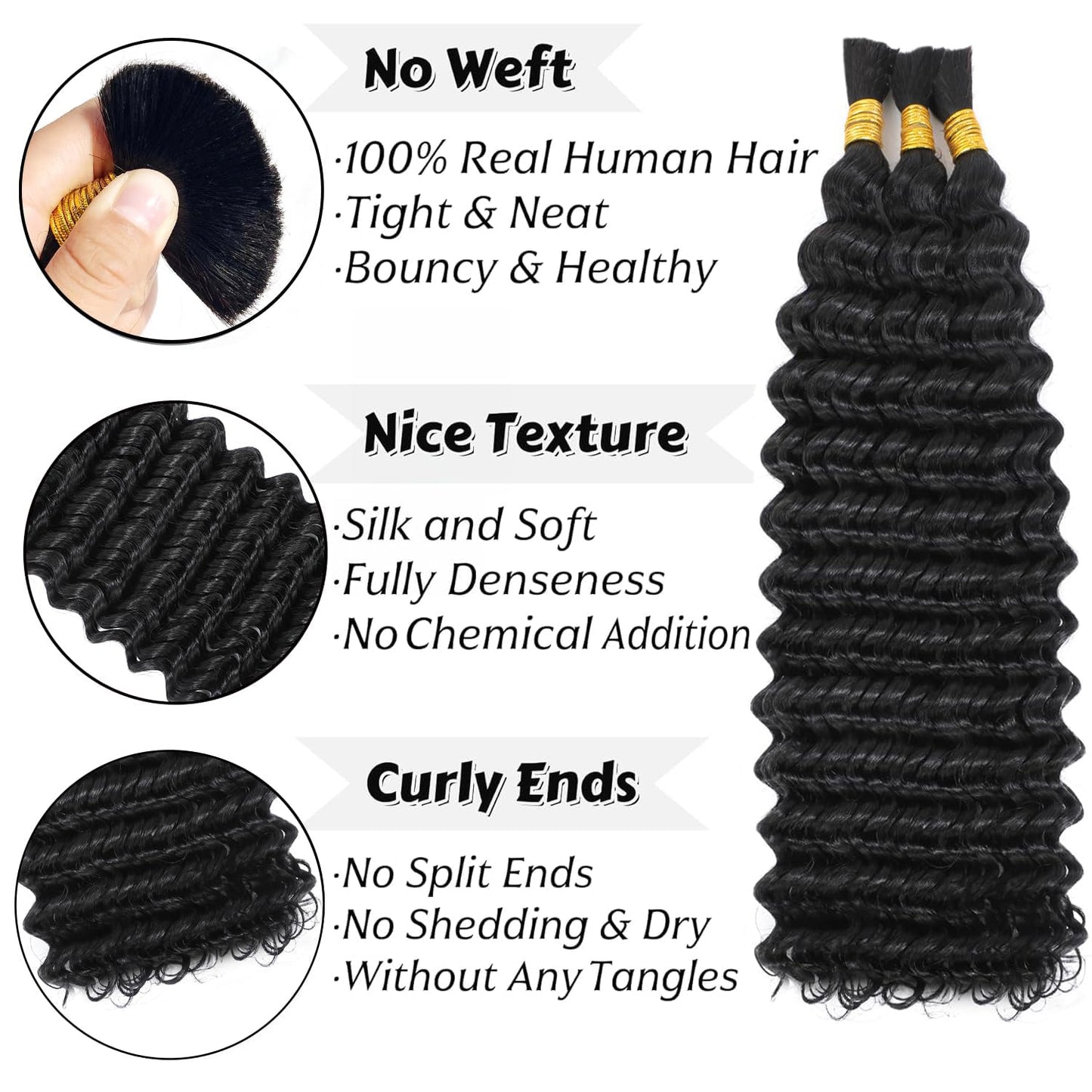 Human Braiding Hair - 16 Inch Deep Wave Bulk Extensions for Boho Braids | 100% Virgin, Knotless, Natural Color, 3 Bundles