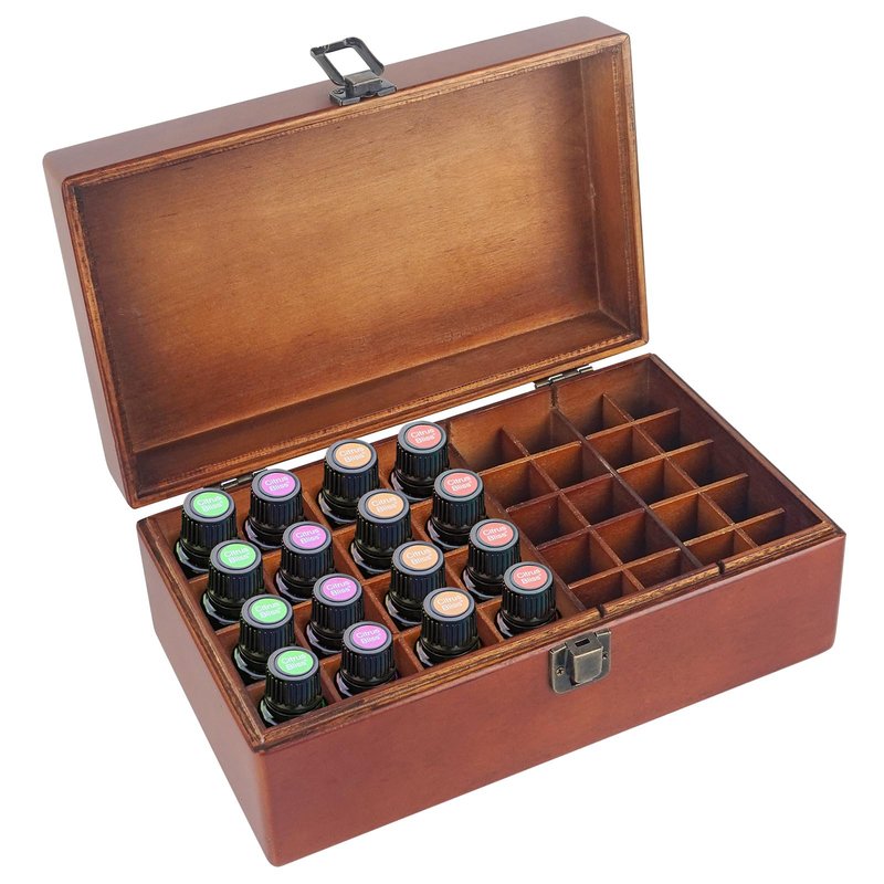 Pure Vie Wooden Essential Oil Storage Box Travel Organizer Case with Bottle Cap Label - Aromatherapy Nail Polish Fragrance Container, Holds 32 Bottle for 5-15ml - Keep Scented Oil Safe & Space Saver