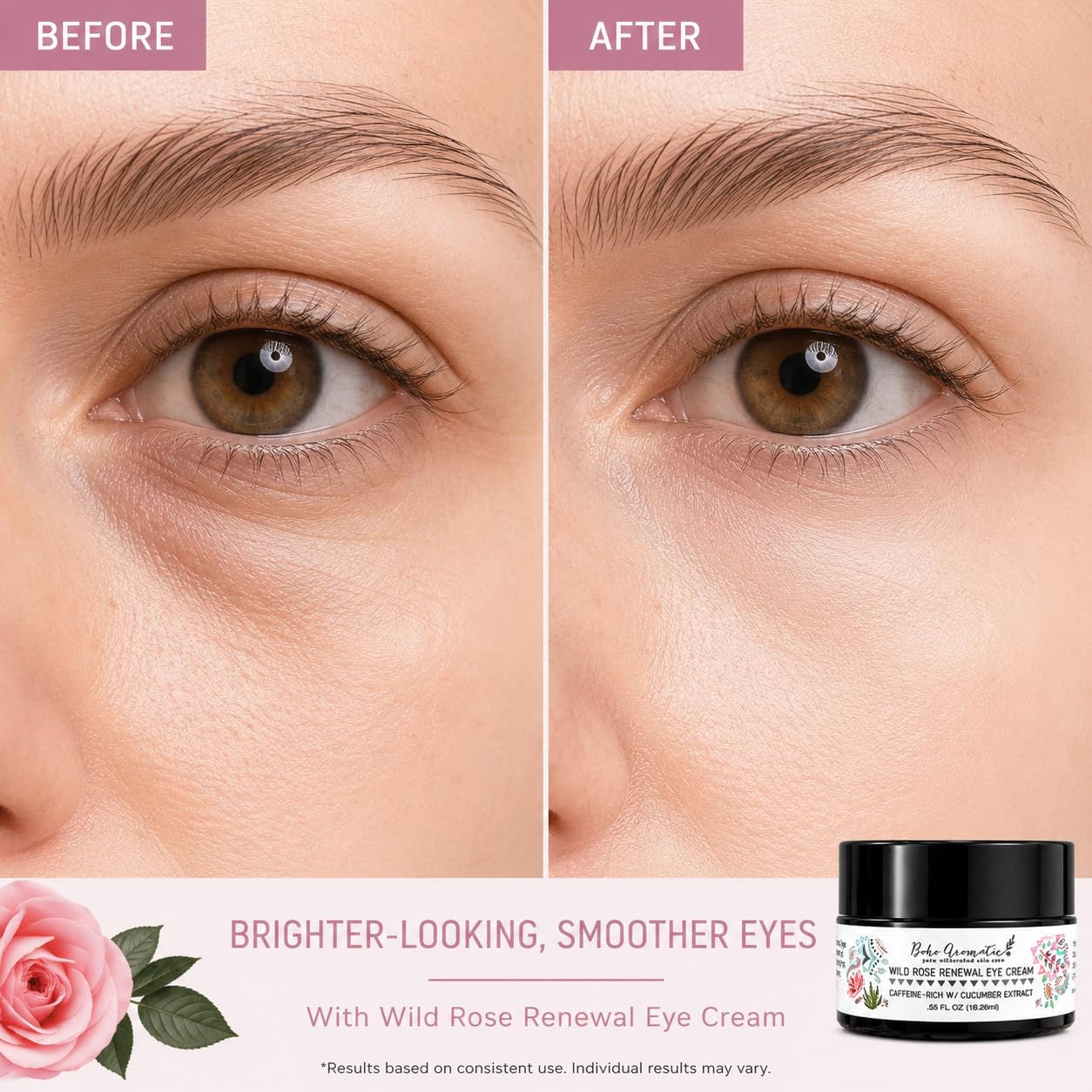 Boho Aromatic Under Eye Cream for Dark Circles & Puffiness – Anti-Aging Hydrating Eye Cream with Hyaluronic Acid for Fine Lines & Wrinkles – Wild Rose Renewal